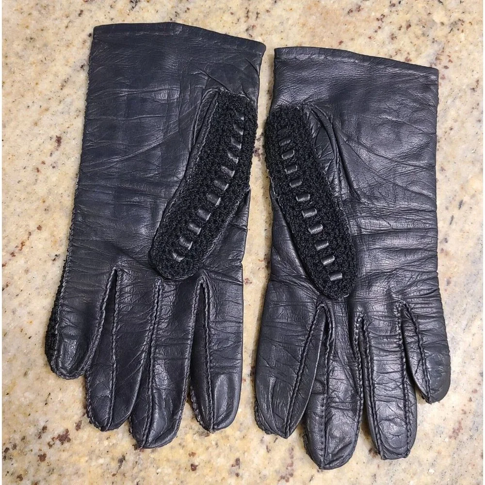 Vintage Size M 7 Black Leather And Knit Handmade Gloves Hammer Of Hollywood